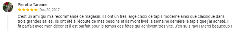 Témoignage cinq étoiles d'un client heureux après avoir acheté un tapis chez nous.